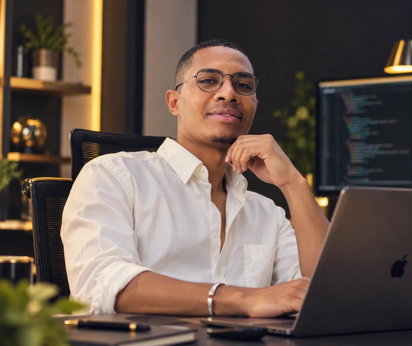 Faniry Rabemananjara à son bureau, devant son ordinateur